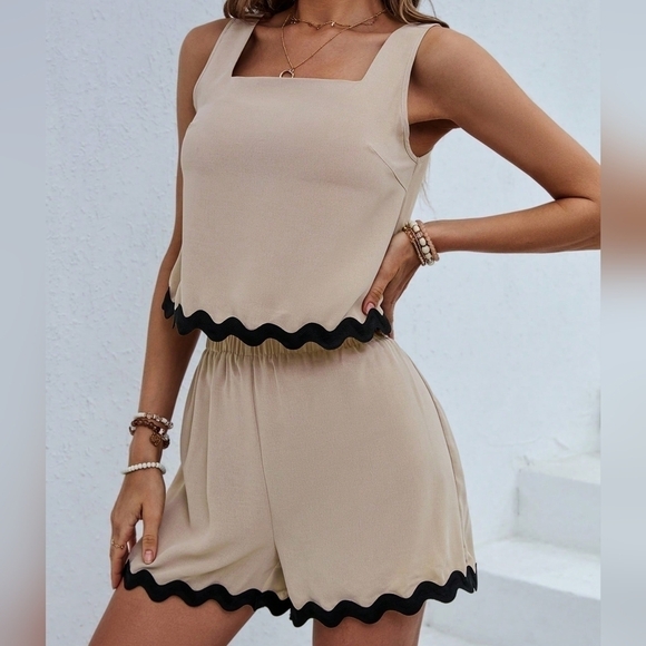 Women Casual Holiday Two Piece Set With Color Block And Wavy Edge - Picture 5 of 5